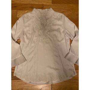 Soft Surroundings womens cream embroidered v-neck long sleeve blouse side zip XS
